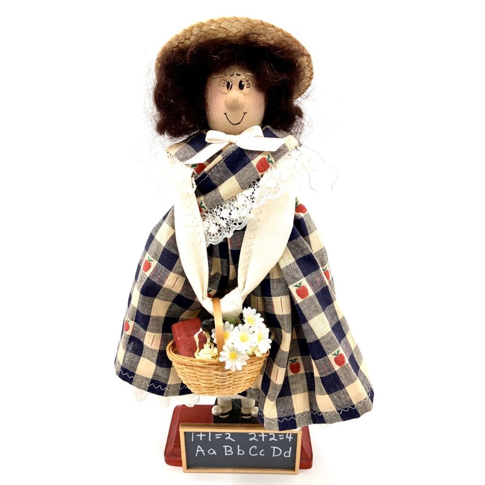 Vintage Wooden Teacher Doll w/ Chalkboard, Basket Outfit, Straw Hat & Glass 1994